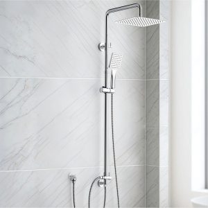 Shower Riser Rail Kit – Square Rainfall Head & Handheld, Chrome, Adjustable Height