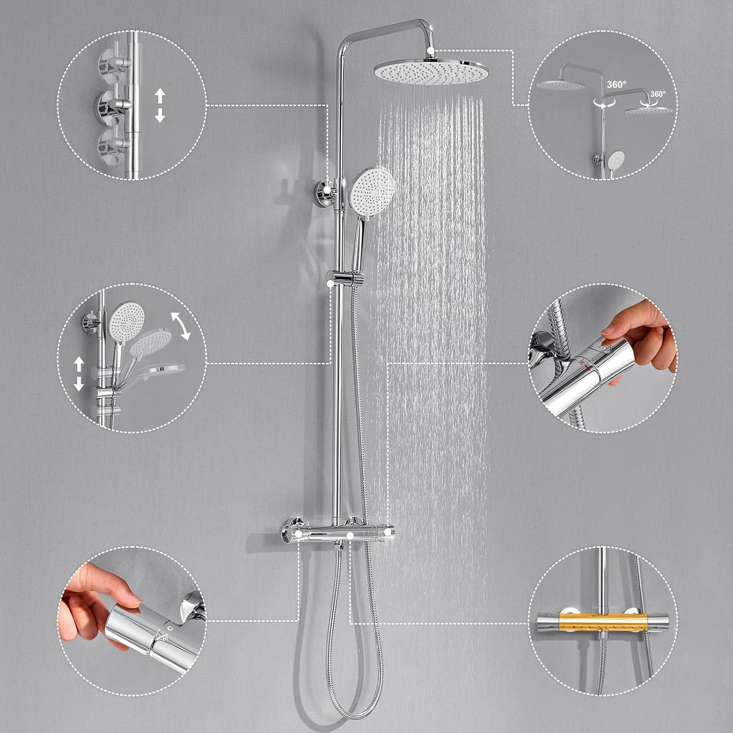 Thermostatic Shower Mixer Set – Rainfall Head & 3-Mode Handheld, Anti-Scald Valve - Image 3