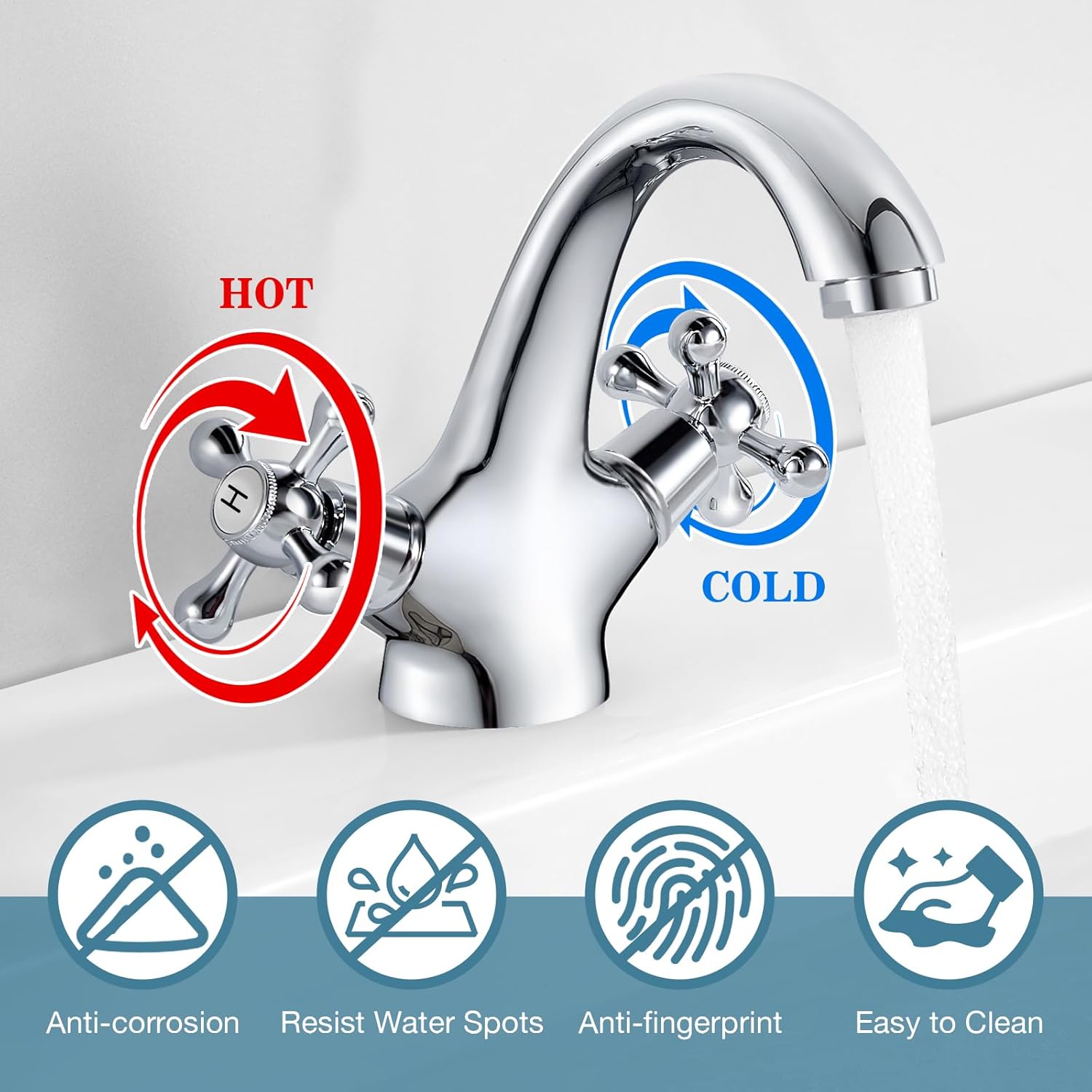 Monobloc Basin Mixer Tap – Dual Lever Hot & Cold, Chrome Finish - Image 3