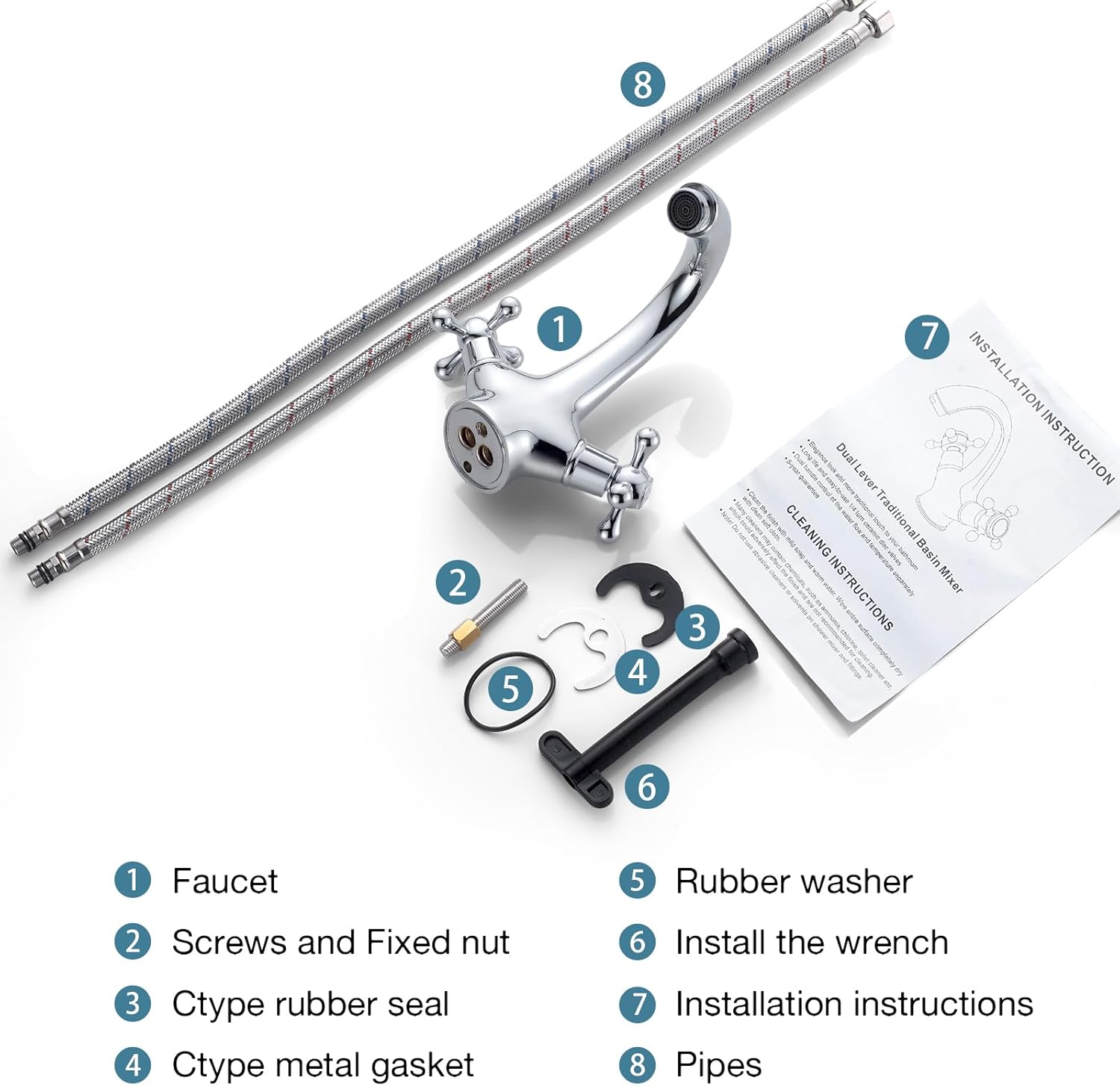 Monobloc Basin Mixer Tap – Dual Lever Hot & Cold, Chrome Finish - Image 8